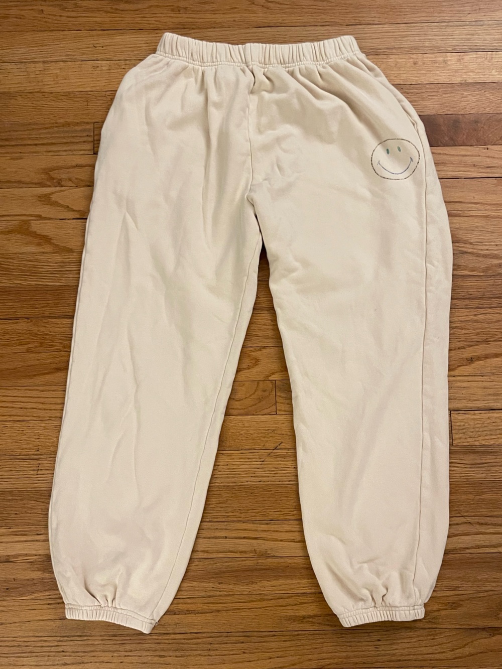 100% Cotton Comfy Miou Muse Cream Smiley Face Sweatpants - Size M